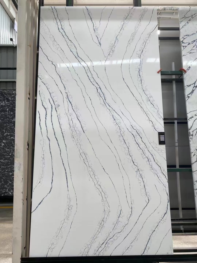 PXQZ231129-1 White Engineered Quartz with Blue Veins Quartz Artificial Stone Slab