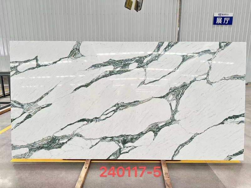 PXQZ240117-5 High-end White Quartz Slabs with Green Veins Used for Countertops