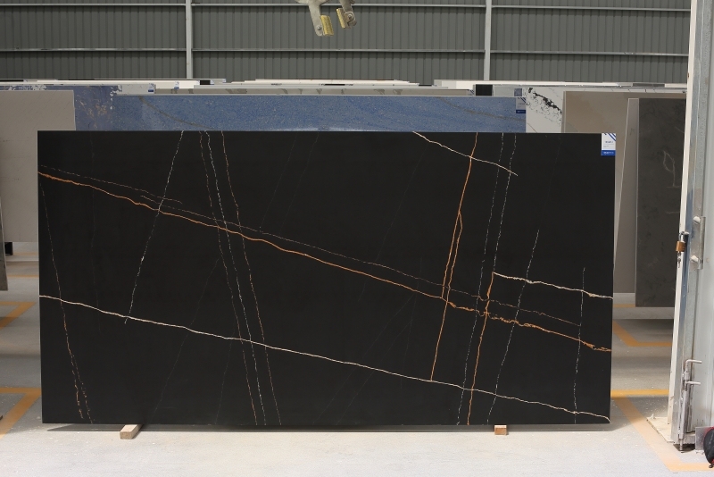 PXQZ191007-1 Black Artificial Quartz with Gold Veins Wholesale Stone Sheets