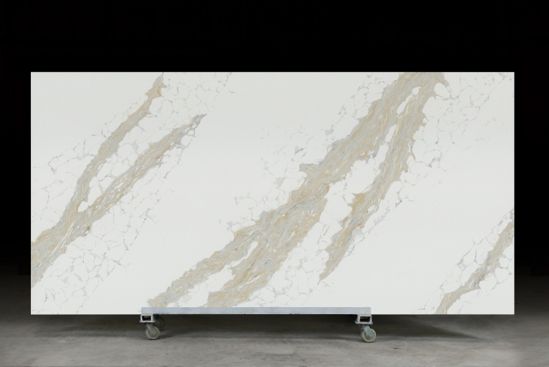 PXQZ220805-1 White Quartz with Gold Lines for Kitchen Countertops