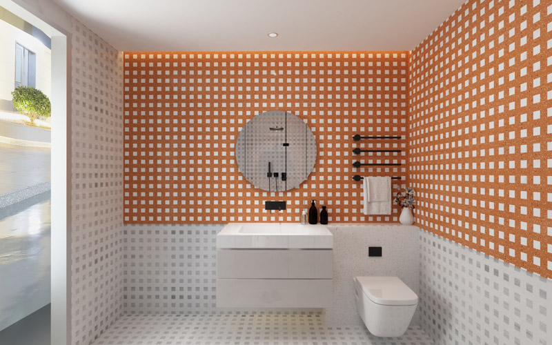 Orange Background Wall With White Square Quartz Art Terrazzo
