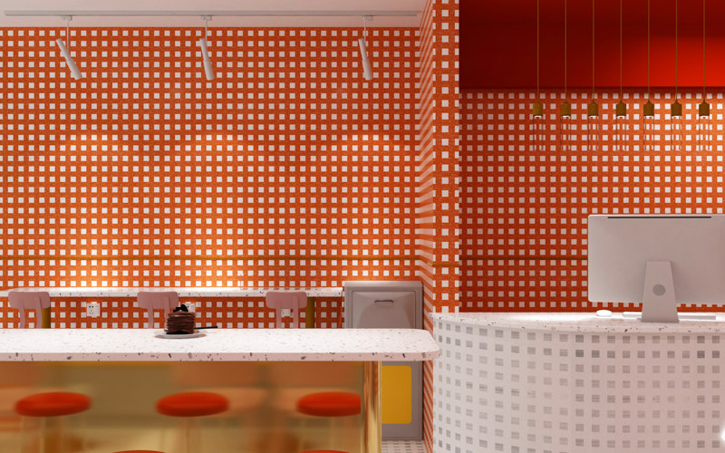 Китай Оранжевая фоновая стена с белым квадратным кварцевым искусством Терраццо
, производитель