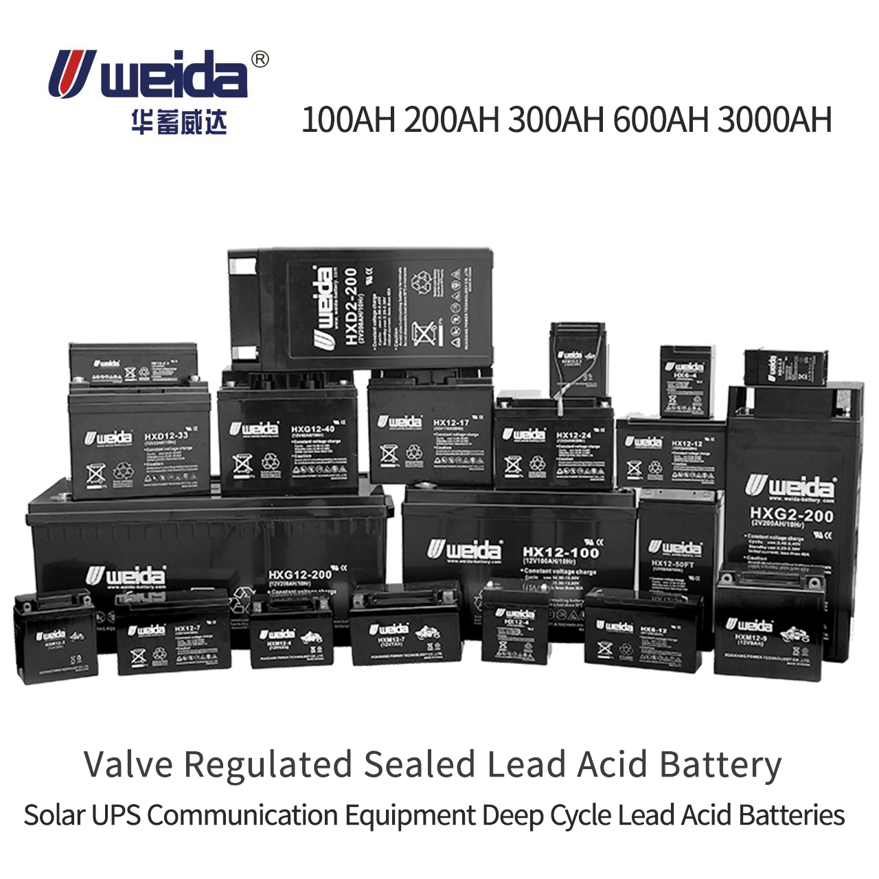 Weida® UPS sla batterie agm valve régulée plomb-acide 100ah 200ah batterie au plomb à cycle profond batterie au plomb solaire