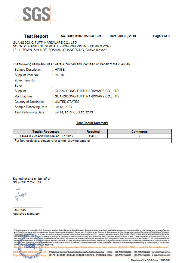 گزارش آزمایش گواهینامه KCMA/SGS برای لولای قاب صورت