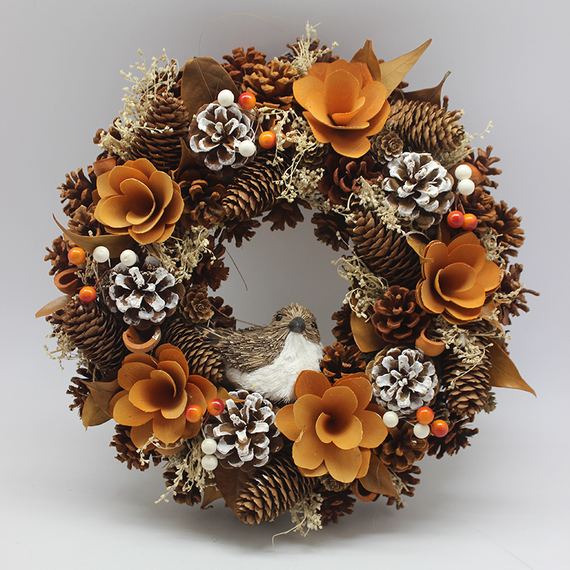 Autumn Harvest Flowers Pinecone Birds Wreath