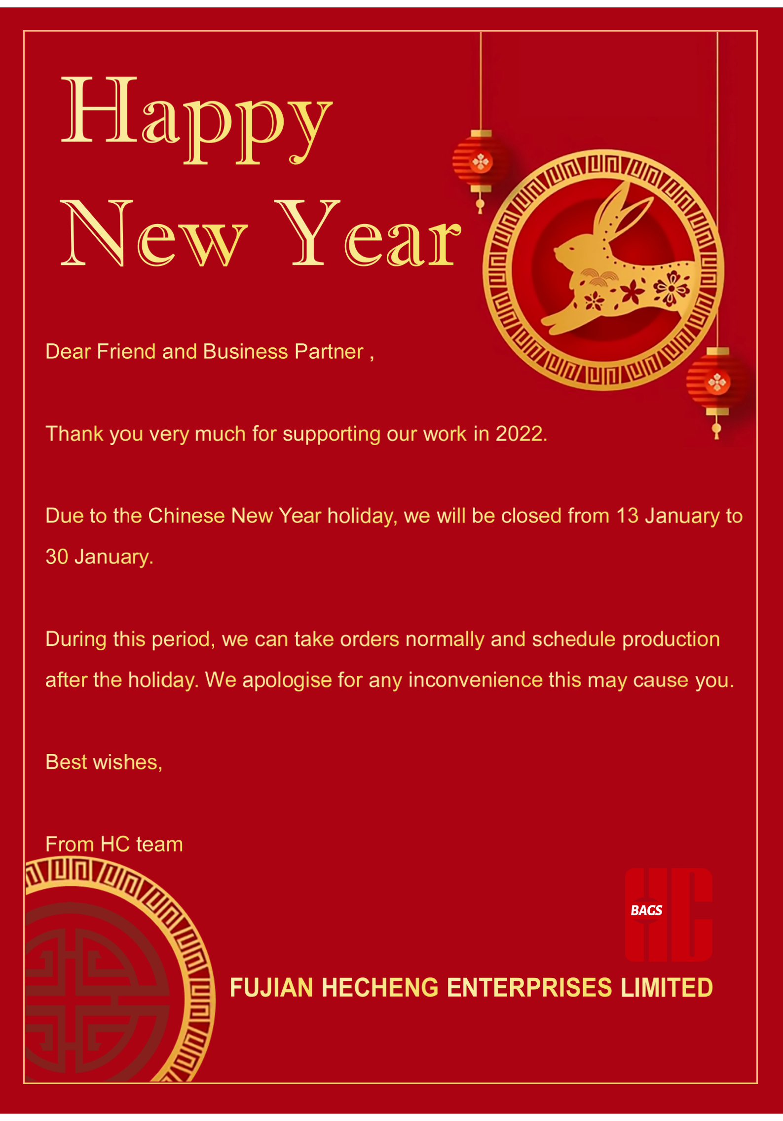 2023 Chinese New Year holiday Holiday notice