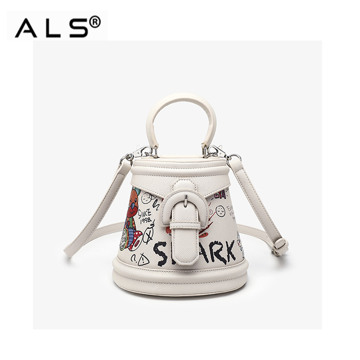 Cute graffiti trapezoidal white bucket bag