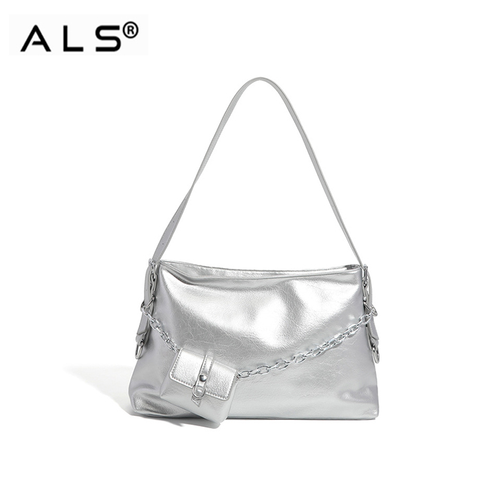 Bolso bandolera de piel metalizada con cadena, monedero pequeño