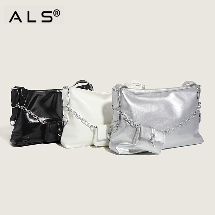 Metal Leather shoulder bag with chain small wallet