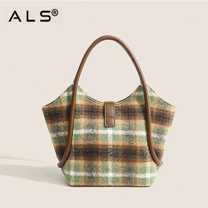 Bolso de hombro de lana para mujer, bolso bandolera portátil a cuadros para otoño e invierno