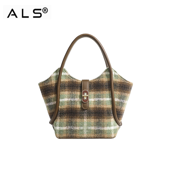 Bolso de hombro de lana para mujer, bolso bandolera portátil a cuadros para otoño e invierno