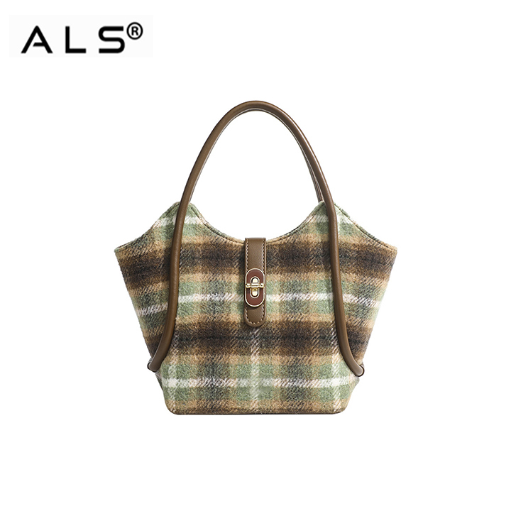 Woolen Shoulder Bag Autumn And Winter Women's Portable Crossbody Plaid Tote Bag