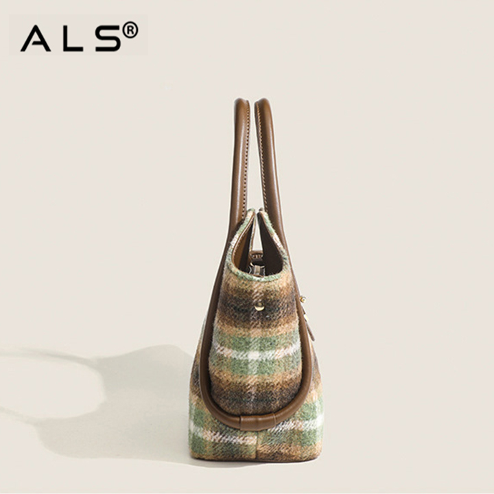 Bolso de hombro de lana para mujer, bolso bandolera portátil a cuadros para otoño e invierno