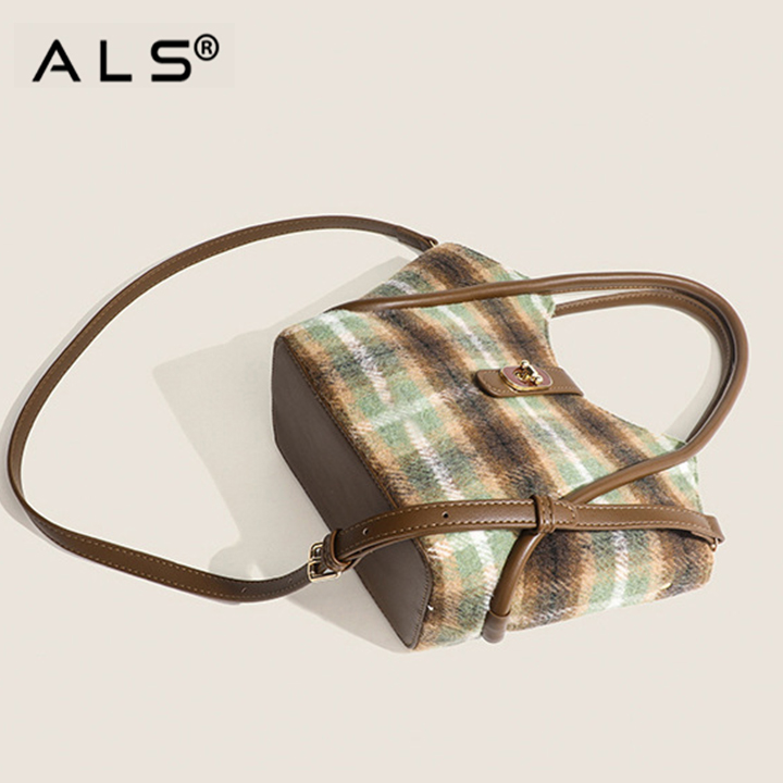 Bolso de hombro de lana para mujer, bolso bandolera portátil a cuadros para otoño e invierno