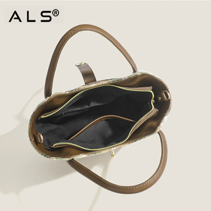 Bolso de hombro de lana para mujer, bolso bandolera portátil a cuadros para otoño e invierno