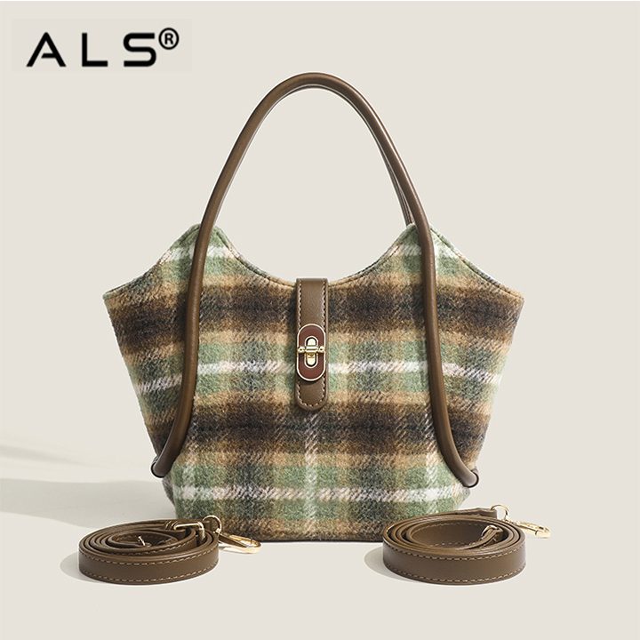Bolso de hombro de lana para mujer, bolso bandolera portátil a cuadros para otoño e invierno