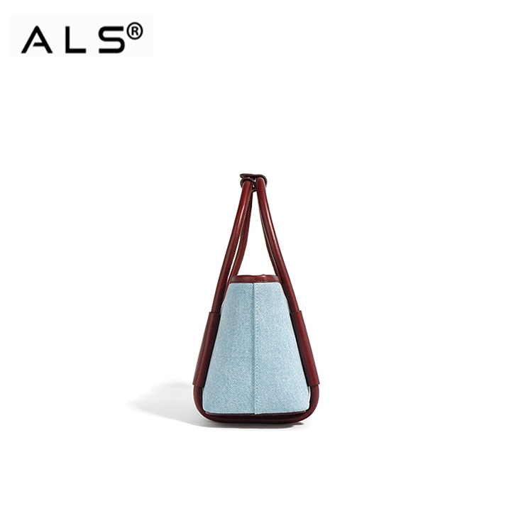 Chic Denim and Leather Bucket Handbag with Detachable Strap