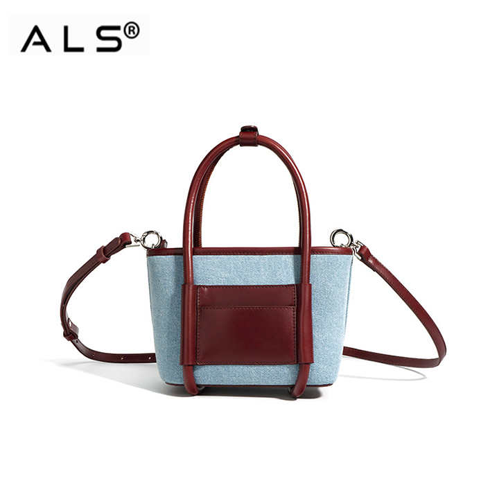 Chic Denim and Leather Bucket Handbag with Detachable Strap