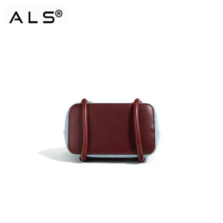 Chic Denim and Leather Bucket Handbag with Detachable Strap