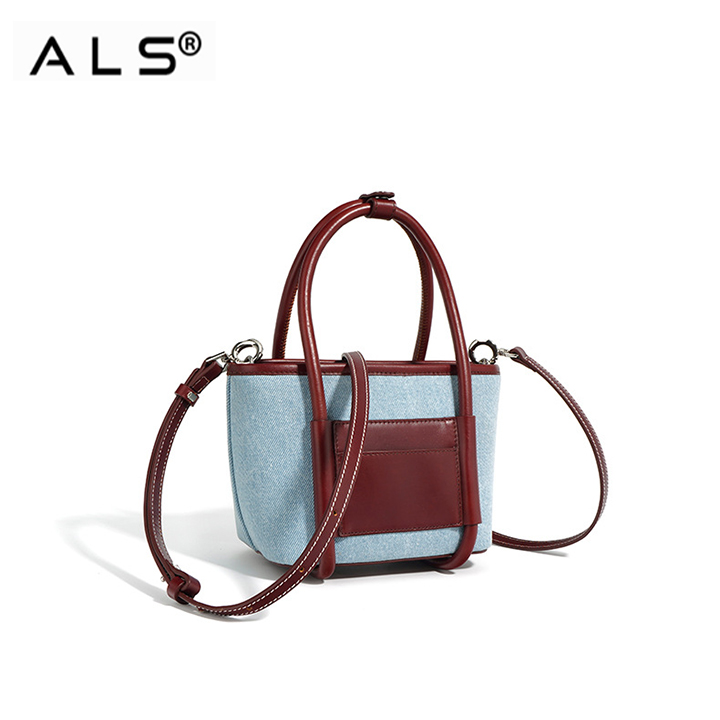 Chic Denim and Leather Bucket Handbag with Detachable Strap