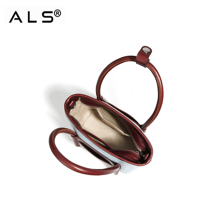 Chic Denim and Leather Bucket Handbag with Detachable Strap