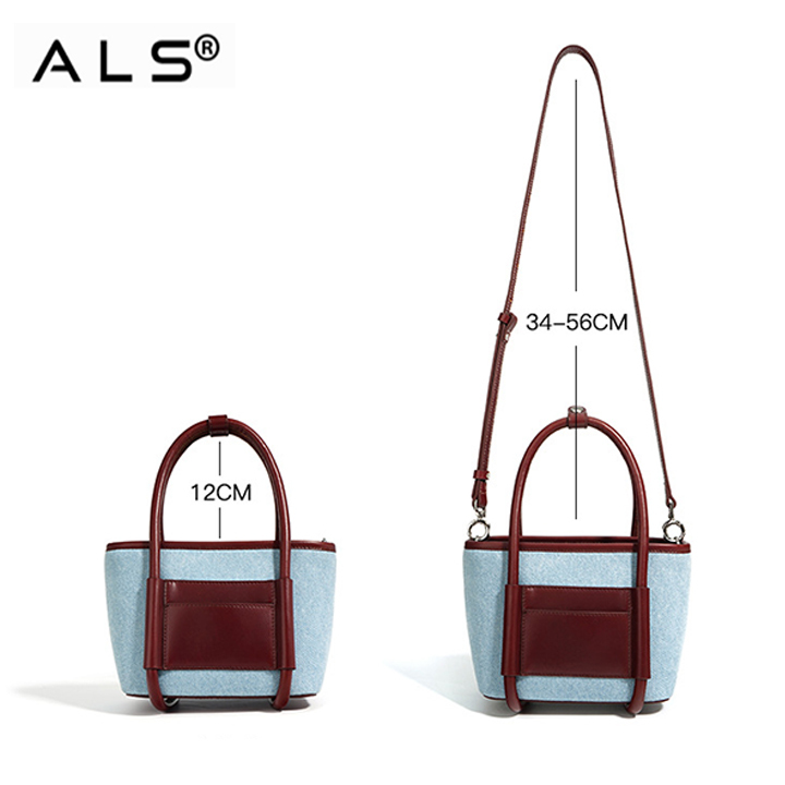 Tas Bucket Denim dan Kulit yang Elegan dengan Tali yang Dapat Dilepas
