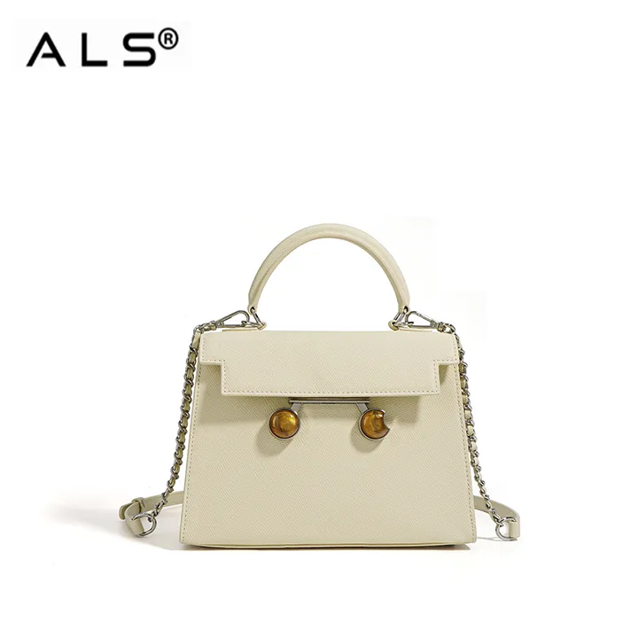Exquisite Cream - Colored Leather Handbag with Chain Strap and Decorative Buttons