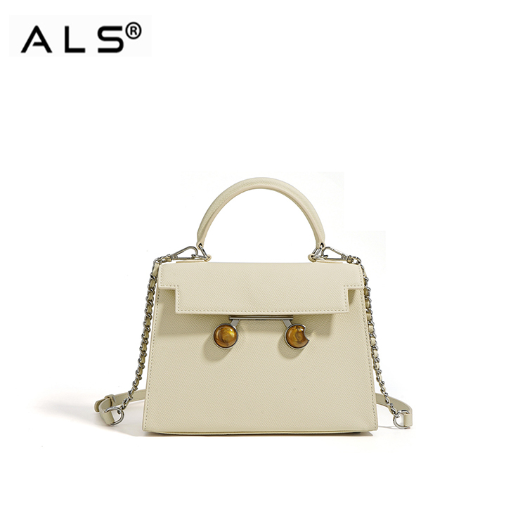 Exquisite Cream - Colored Leather Handbag with Chain Strap and Decorative Buttons