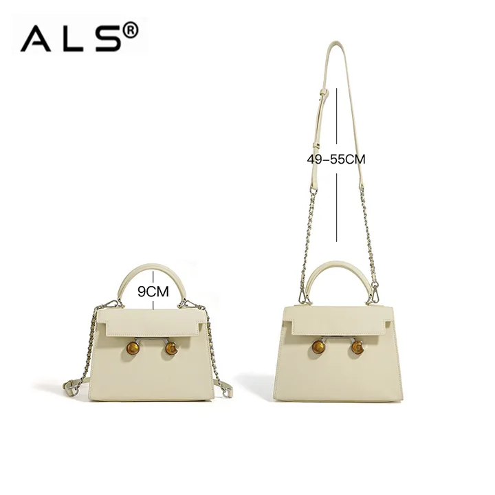 Exquisite Cream - Colored Leather Handbag with Chain Strap and Decorative Buttons