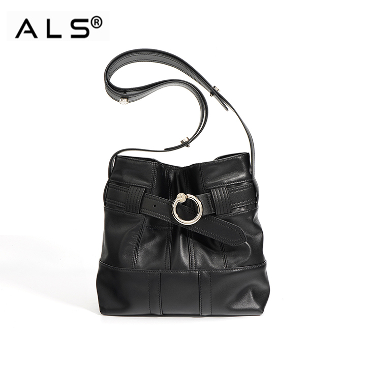 Stylish Leather Bucket Bag with Ring - Detail Belt