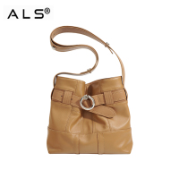 Stylish Leather Bucket Bag with Ring - Detail Belt