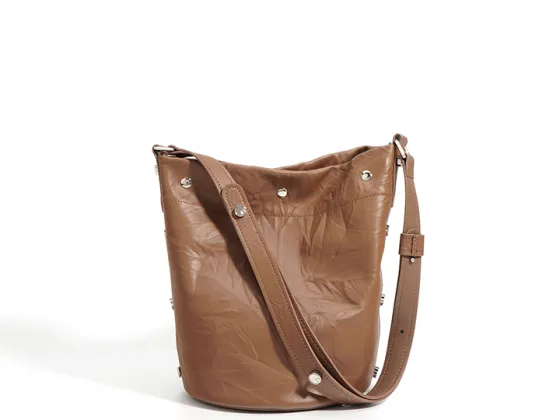 Chic Brown Crinkled Leather Bucket Bag with Stud Details