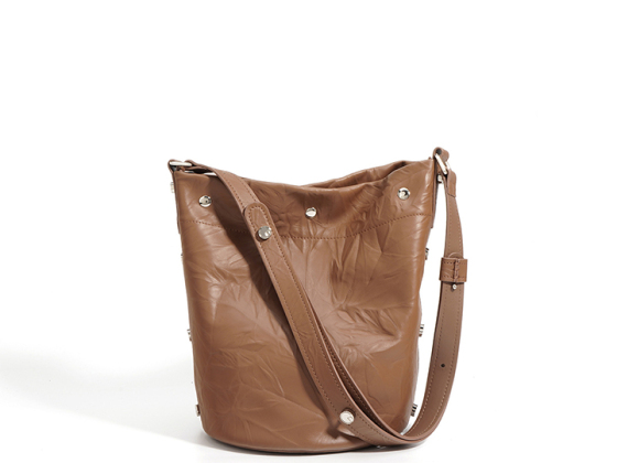 Chic Brown Crinkled Leather Bucket Bag with Stud Details