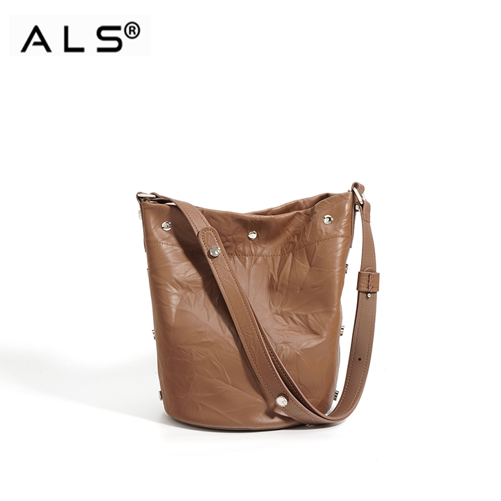 Chic Brown Crinkled Leather Bucket Bag with Stud Details