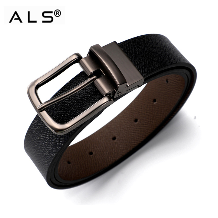 Reversible Leather Belt with Rotating Metal Buckle