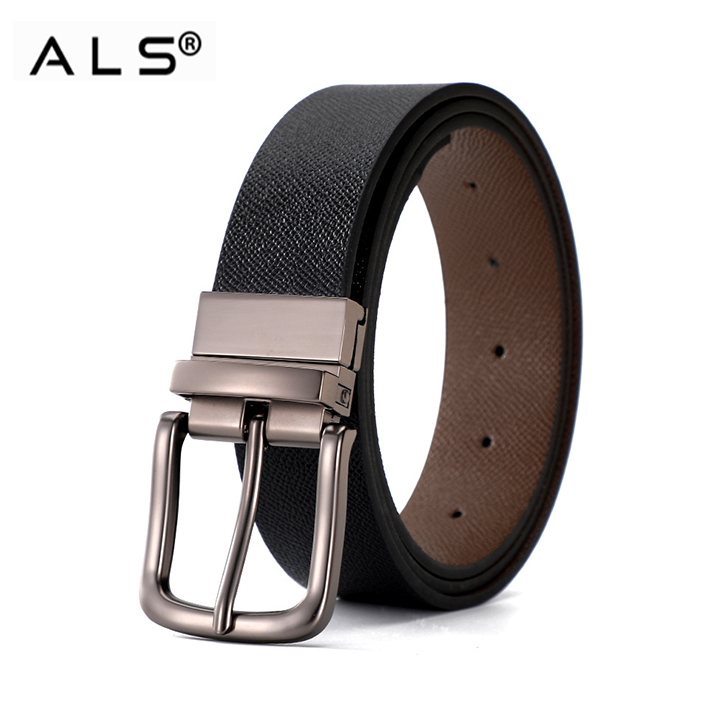Reversible Leather Belt with Rotating Metal Buckle