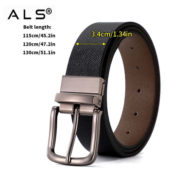 Reversible Leather Belt with Rotating Metal Buckle