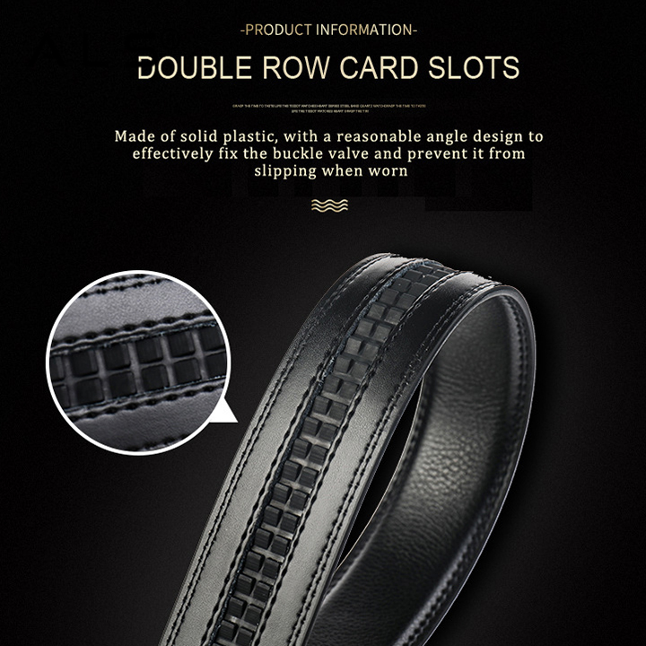 Cinturón de piel negra elegante con hebilla automática de aspecto carbono.