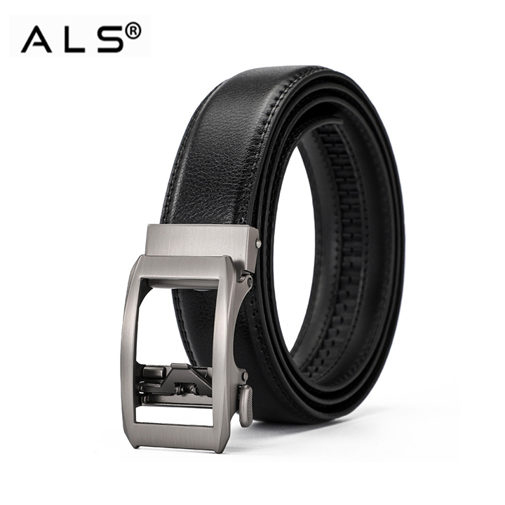Elegant Black Leather Belt with Modern Metal Automatic Buckle