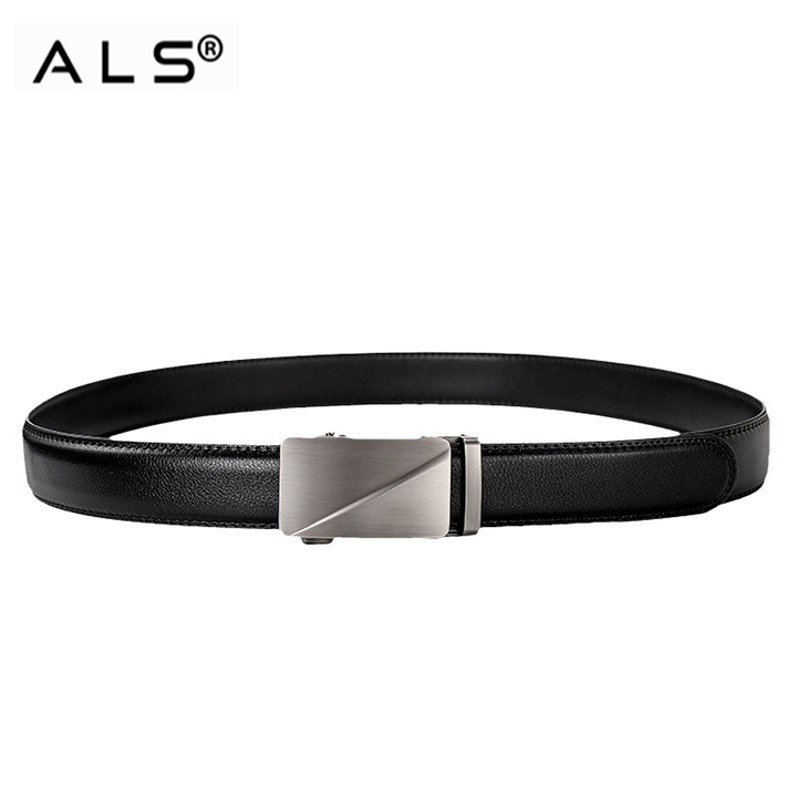 Sophisticated Black Leather Belt with Stylish Metal Automatic Buckle
