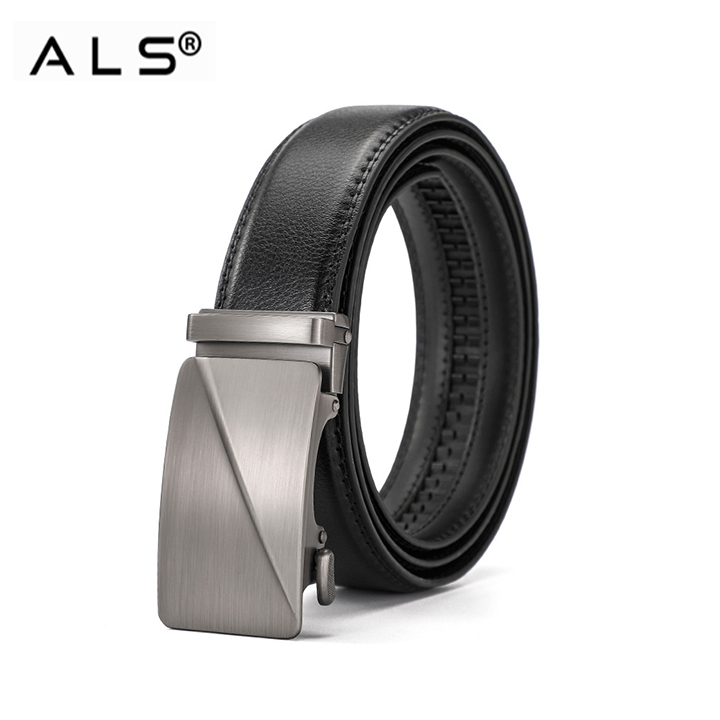Sophisticated Black Leather Belt with Stylish Metal Automatic Buckle