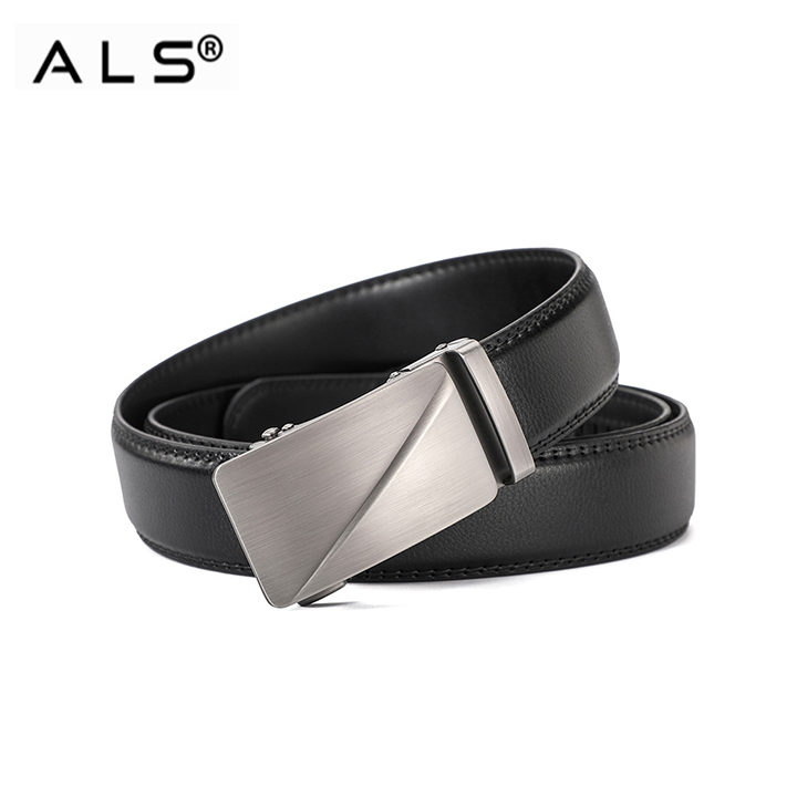 Sophisticated Black Leather Belt with Stylish Metal Automatic Buckle