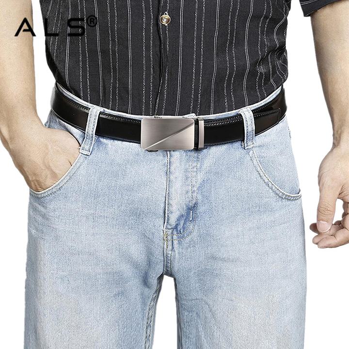 Sophisticated Black Leather Belt with Stylish Metal Automatic Buckle