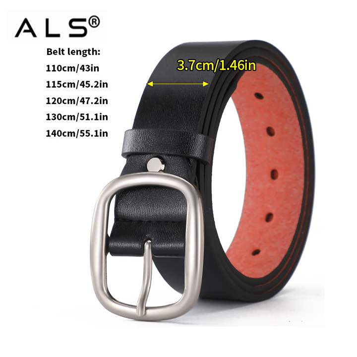 クラシックなブラックレザーベルト。内側はレッドのコントラスト。