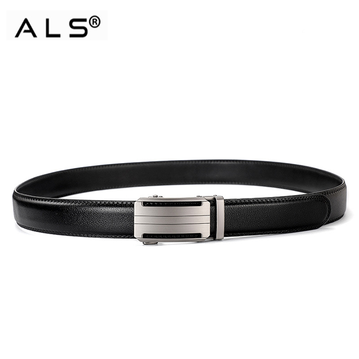 Contemporary Black Leather Belt with Streamlined Metal Automatic Buckle