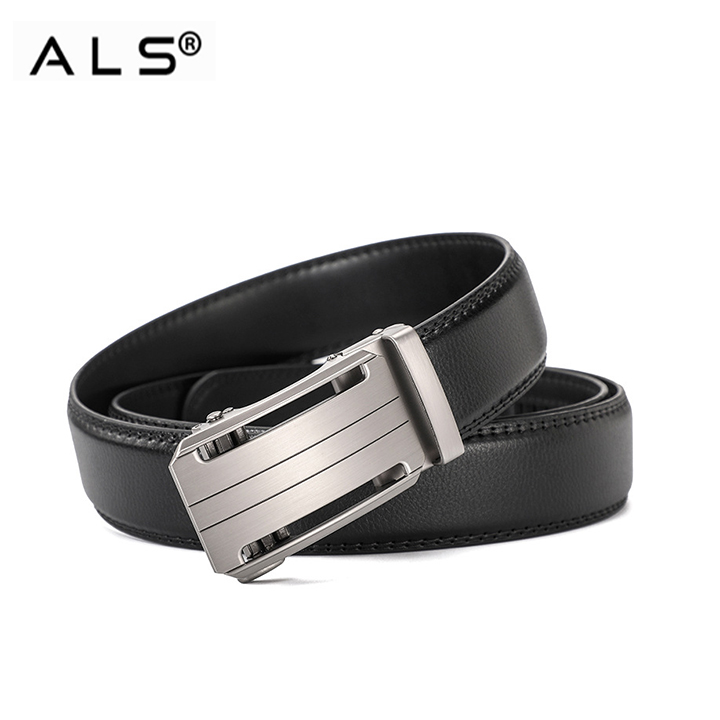 Contemporary Black Leather Belt with Streamlined Metal Automatic Buckle