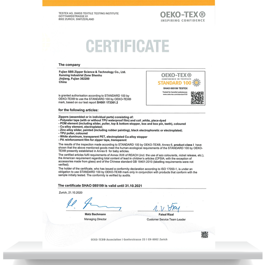 Cremallera OEKO-TEX100-SBS-2021