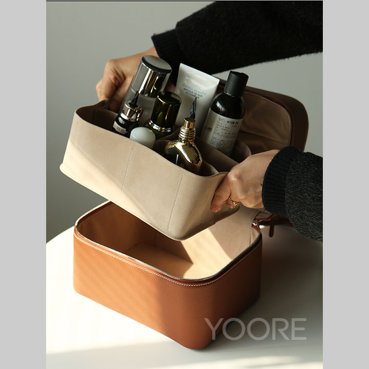 Estuche de cosméticos con espejo - Caja organizadora de maquillaje portátil de piel sintética
