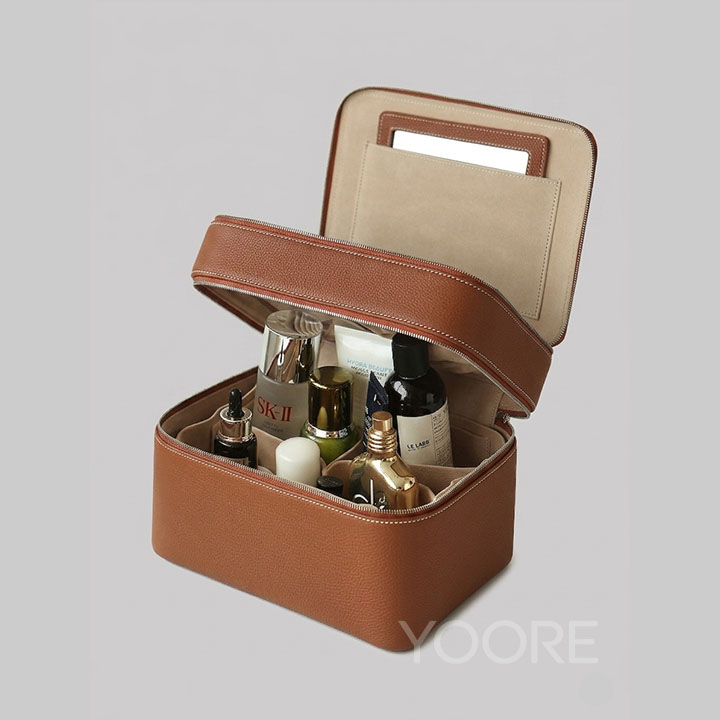 Estuche de cosméticos con espejo - Caja organizadora de maquillaje portátil de piel sintética