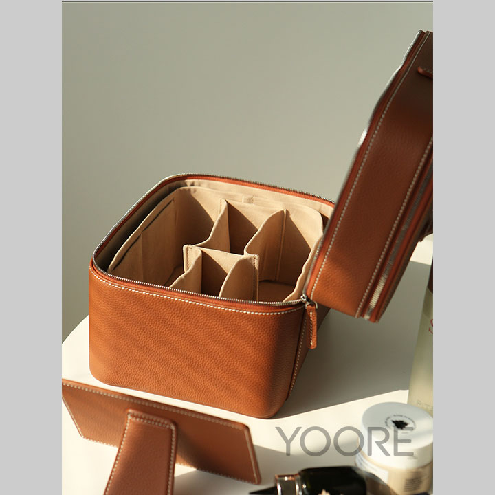 Estuche de cosméticos con espejo - Caja organizadora de maquillaje portátil de piel sintética